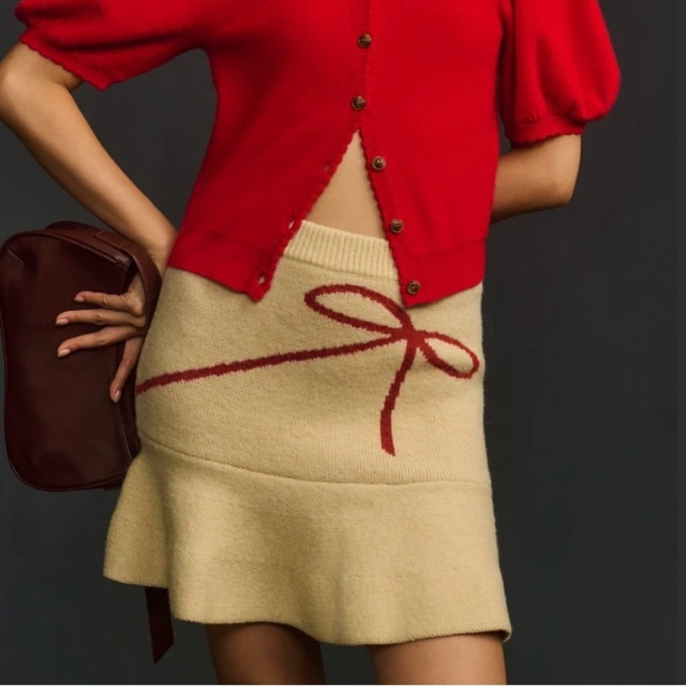 NWT En Saison Merrill Bow-Detail Flounced Ribbed Knit Mini Skirt